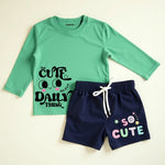 Full Sleeve T-Shirt & Shorts Set - Mint Green & Navy