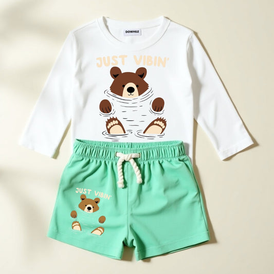 Cute Printed Tee and Shorts Set-White & Mint Green
