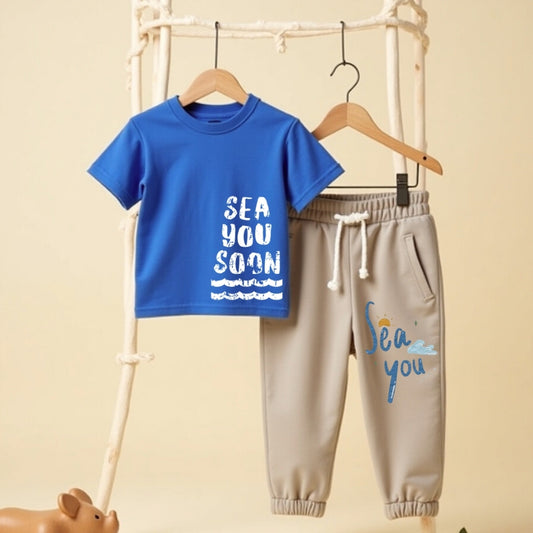 T-Shirt & Track Set Printed Style- Royal Blue & Beige