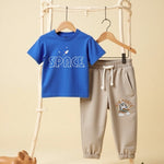 Playful Prints T-Shirt & Track Set (Royal Blue & Beige)
