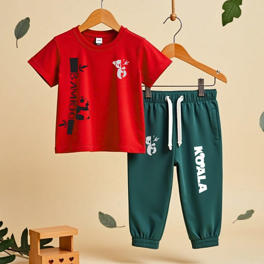 T-Shirt & Track Set Printed Style- Red & Mint Green