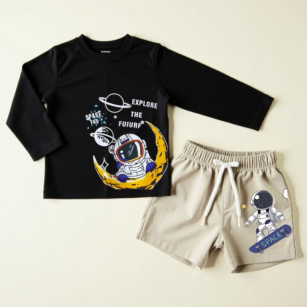 Full Sleeve Tee & Shorts set - Black & Beige