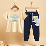 Playful Prints T-Shirt & Track Set (Beige & Navy)
