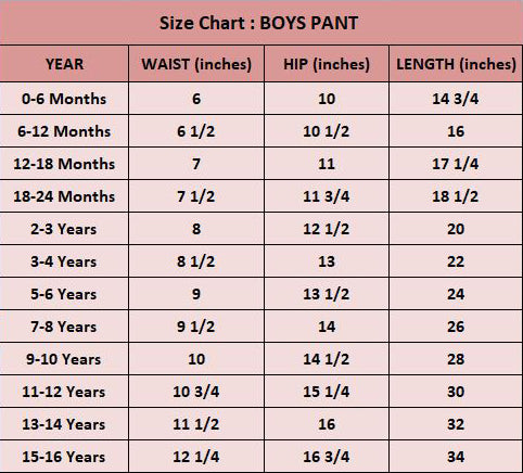 Size Chart for Boys 100% Cotton Joggers Mint Green