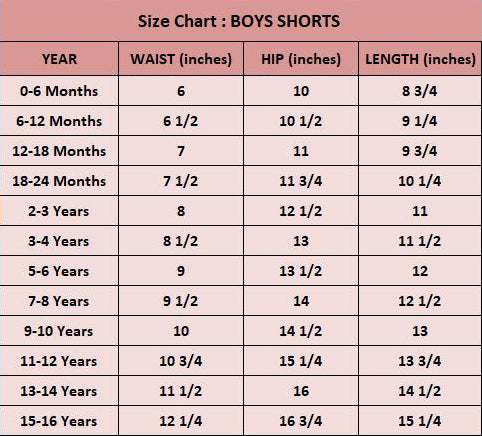 Size Chart for Orange Color Boys cotton Shorts