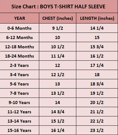 Size Chart for Beige Cotton Printed Full Sleeve T-Shirt for Boys