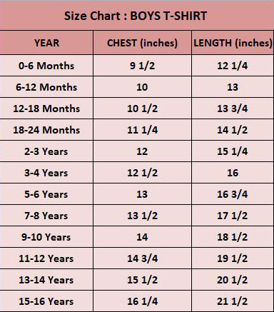 Size Chart for Red T-Shirt