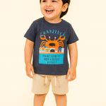 Junior Boys Blue Printed Cotton T-Shirt Shorts set