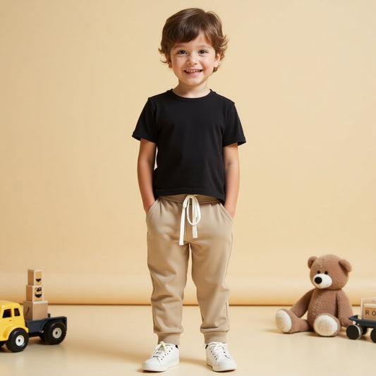 Half Sleeve Plain Black Tee With Beige Track Pants Set