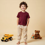 Half Sleeve Plain Maroon Tee With Beige Track Pants Set