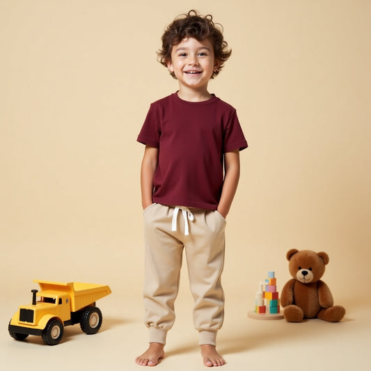 Half Sleeve Plain Maroon Tee With Beige Track Pants Set