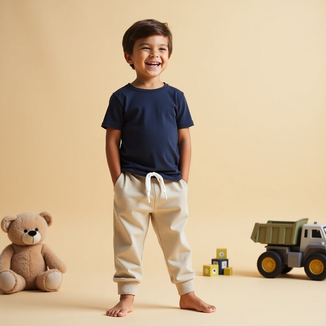 Half Sleeve Plain Navy Tee With Beige Track Pants Set