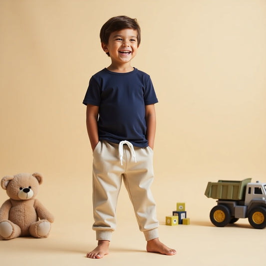 Half Sleeve Plain Navy Tee With Beige Track Pants Set
