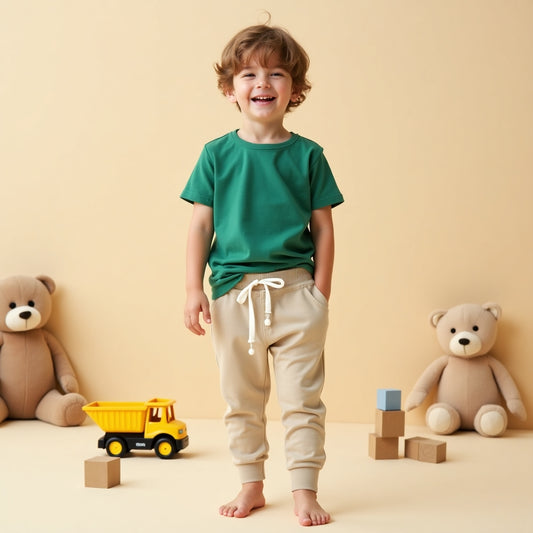 Half Sleeve Plain Tee With Track Pants Set Green & Beige