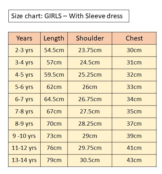 Size Chart for Girl embroidered Sandal color dress