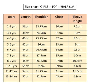 Size Chart for Girls dress short sleeve