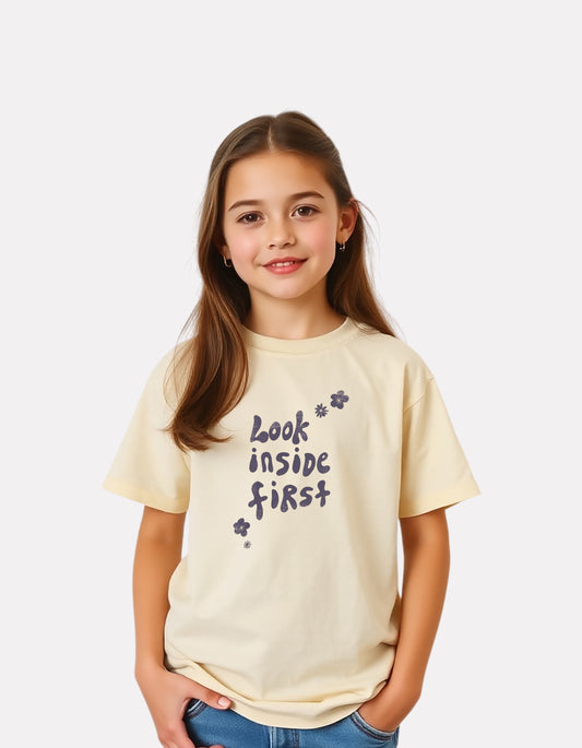 Beige Color Graphic Print T-Shirt For Girls