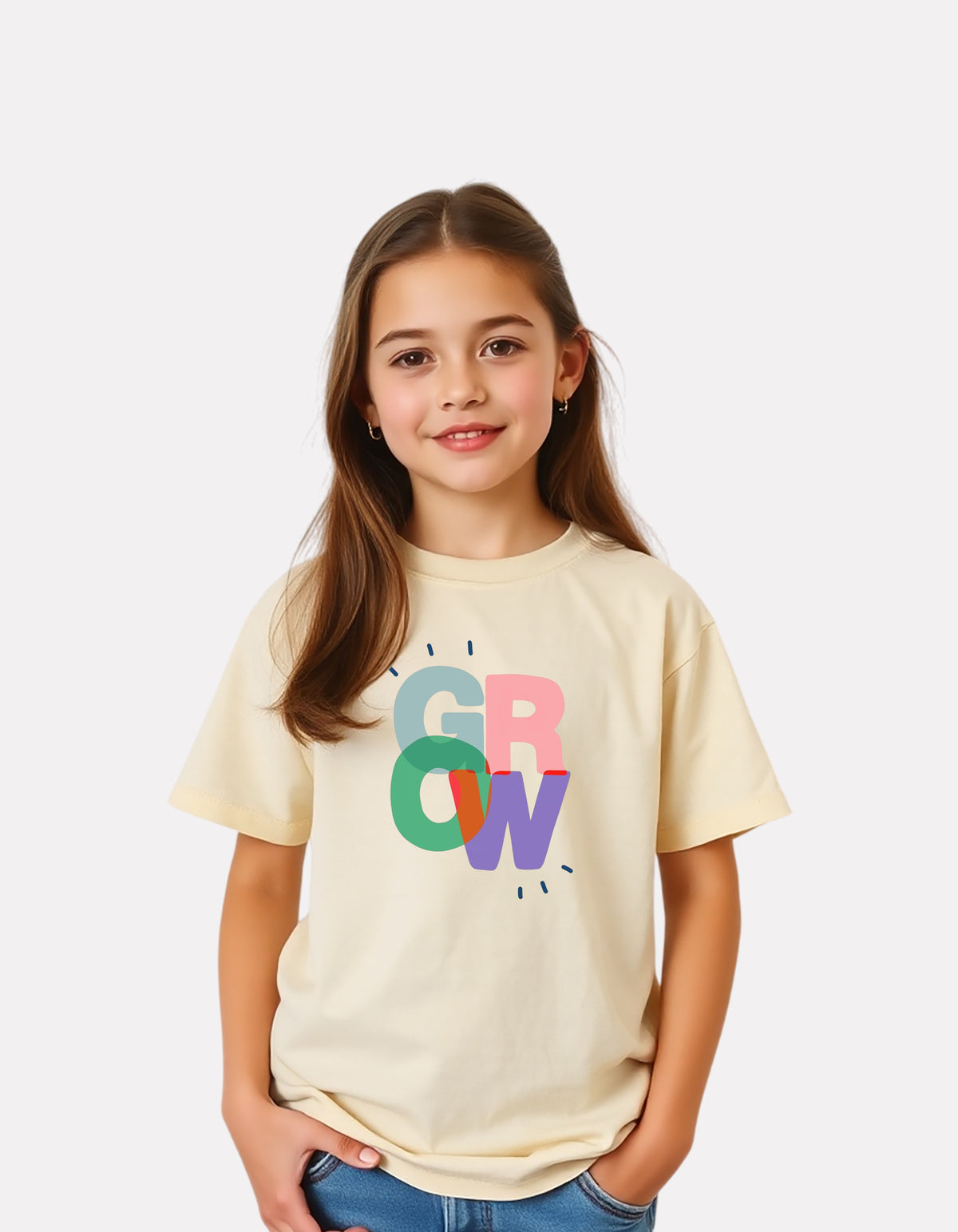 Girls Printed Round-Neck T-Shirt Beige Color