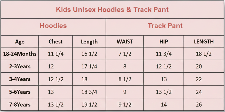 Size Chart for Trendy Boys/Girls Sweatshirt Track
