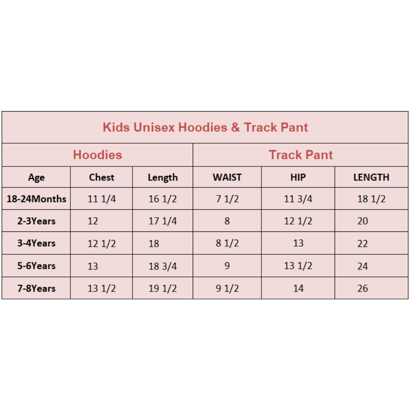 Size Chart for Kids Casual Hoodie Outfit