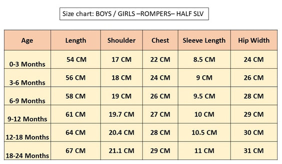 Size Chart for Cotton Knit Frill Sleeves Romper printed