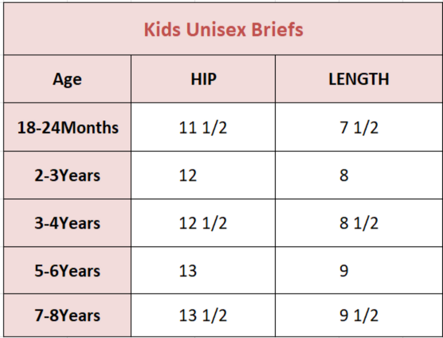 Size Chart for 4-Pack Cotton Kids briefs Combo