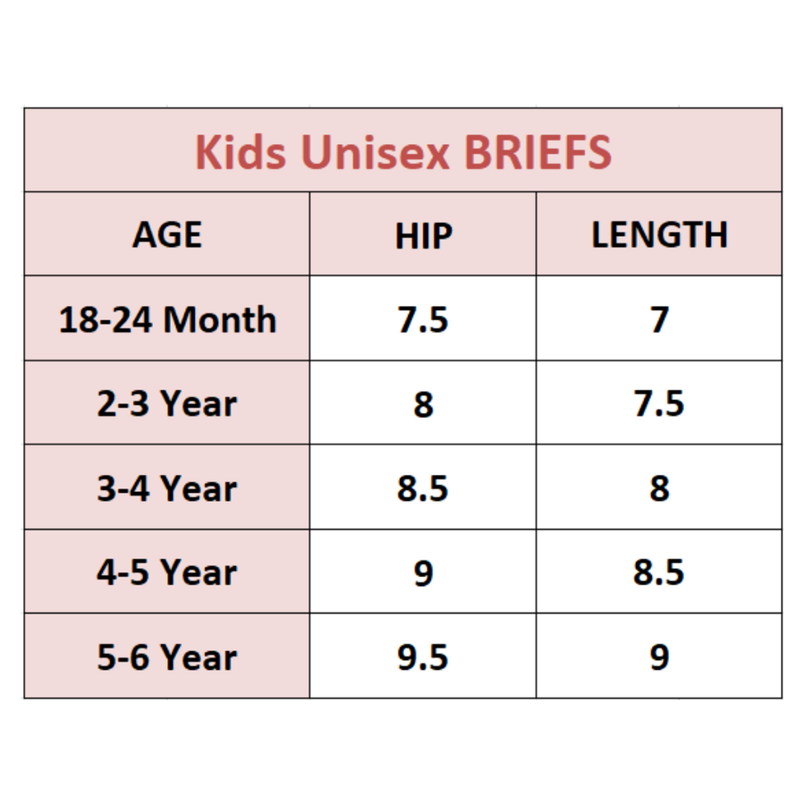Size Chart for 4-Pack Plain Kids briefs Combo