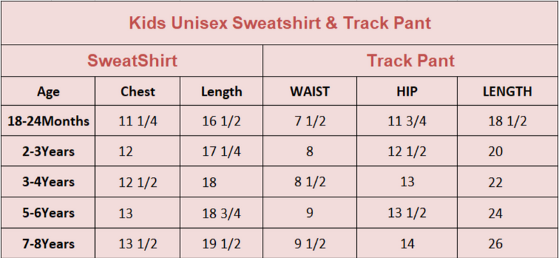 Size Chart for Printed Sweatshirt with Matching Track Pants