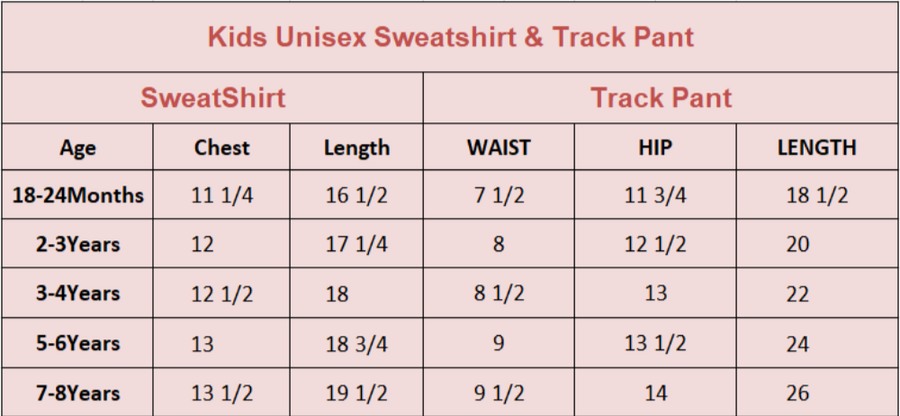 Size Chart for Comfy Kids Sweatshirt & Jogger Pants Set
