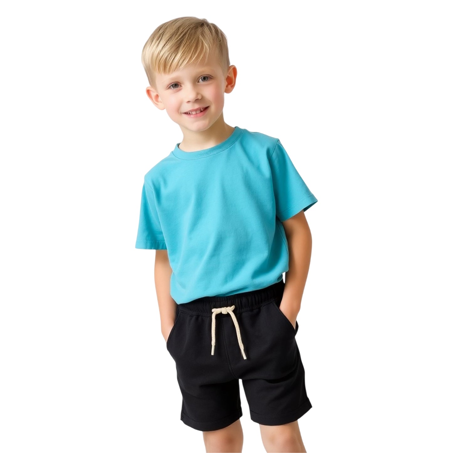 Summer Cool: Boys’ Turquoise T-Shirt & Black Shorts Outfit