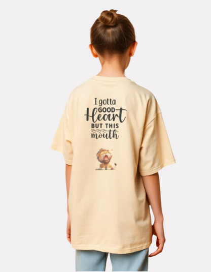 Girls Printed Oversized Cotton T-Shirt Beige Color
