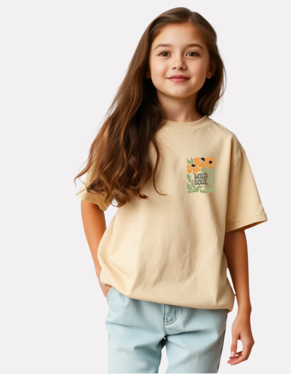 Girls Printed Oversized T-Shirt Beige Color