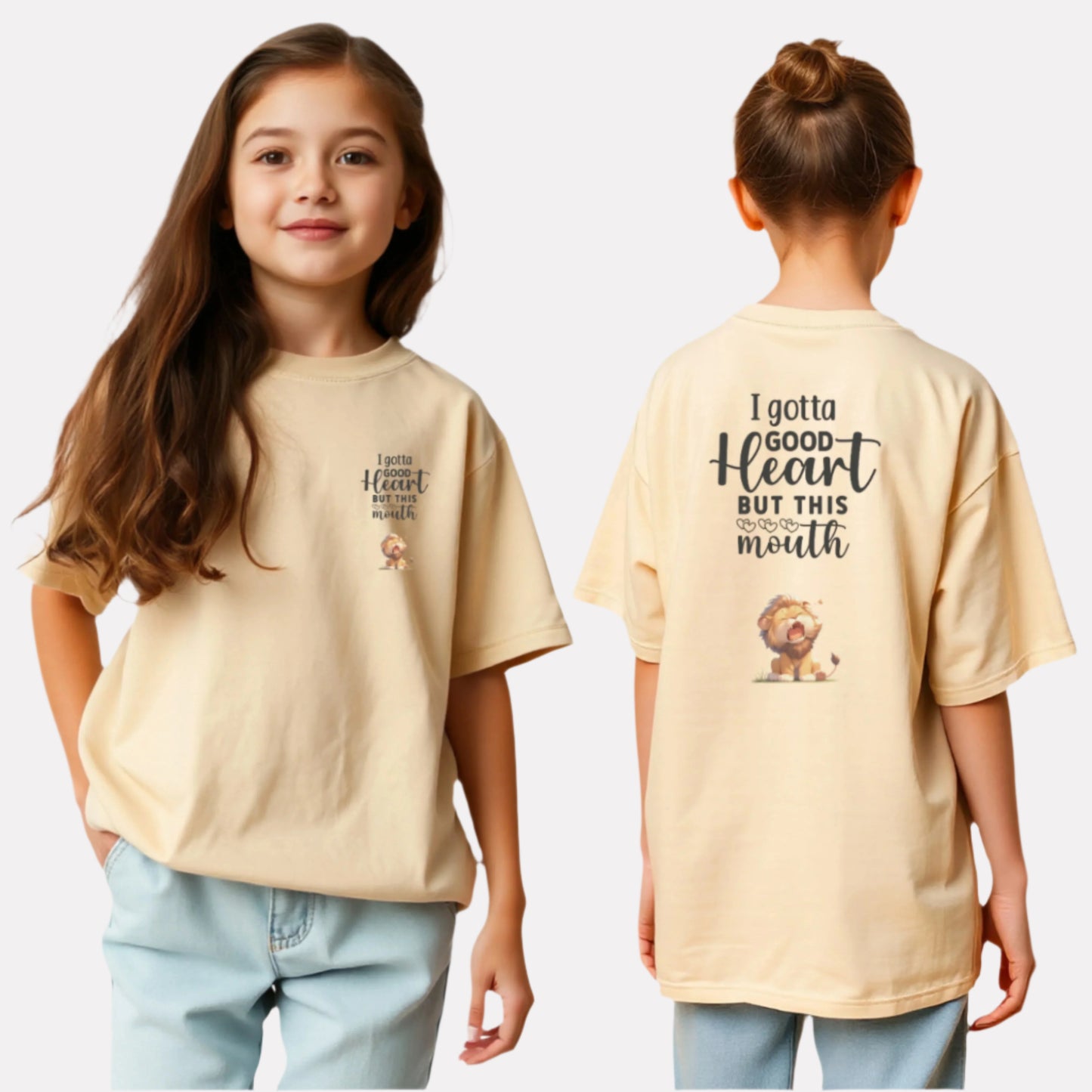 Girls Printed Oversized Cotton T-Shirt Beige Color