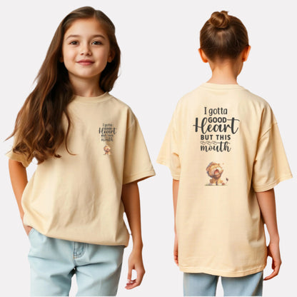 Girls Printed Oversized Cotton T-Shirt Beige Color