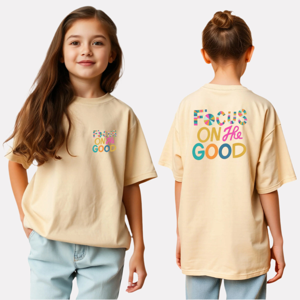 Girls Printed Oversized T-Shirt Beige Color