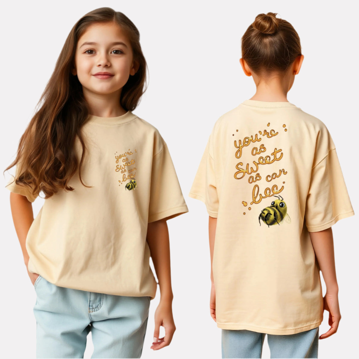 Girls Printed Oversized Cotton T-Shirt Beige Color