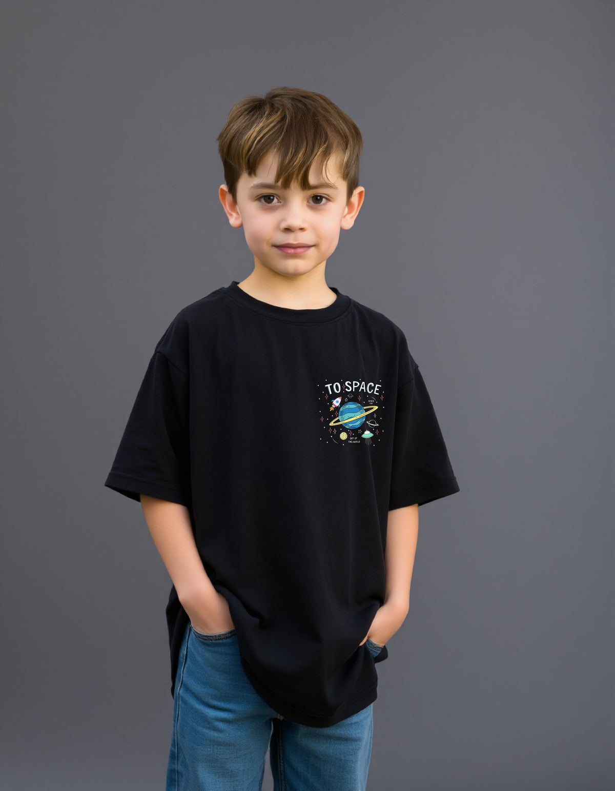 Boys Printed Oversized Cotton T-Shirt (Black)