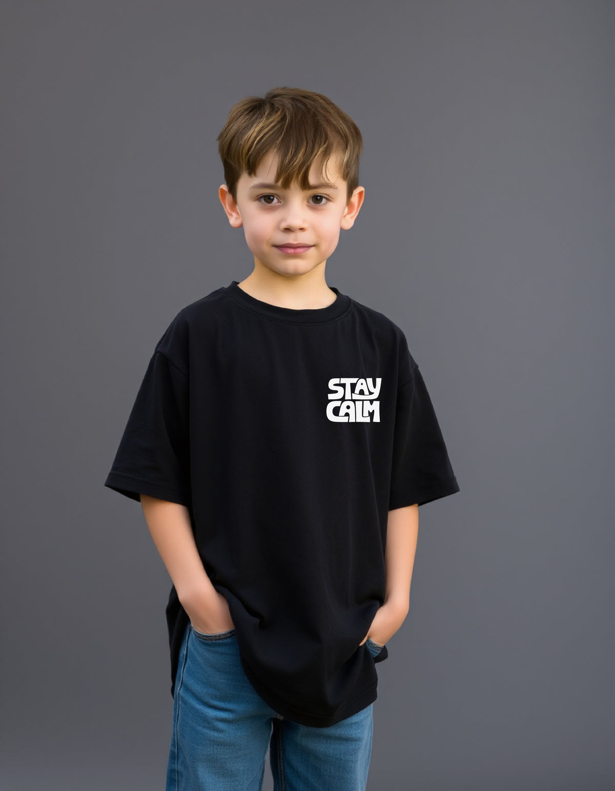 Boys Printed Oversized Cotton T-Shirt (Black)
