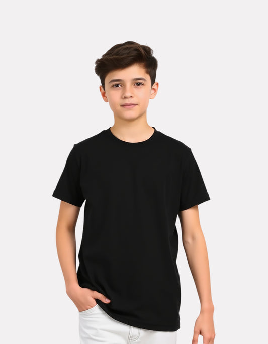 Junior Boys Black Cotton Plain T-Shirt