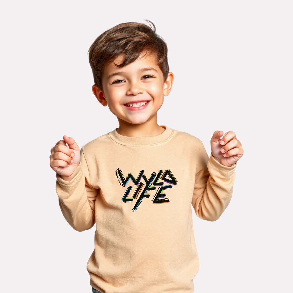 Beige Cotton Printed Full Sleeve T-Shirt for Boys