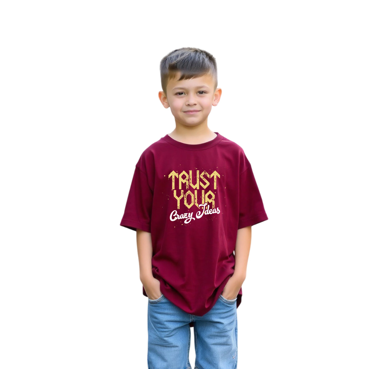Boys’ Oversized Printed Cotton Tee (Maroon)