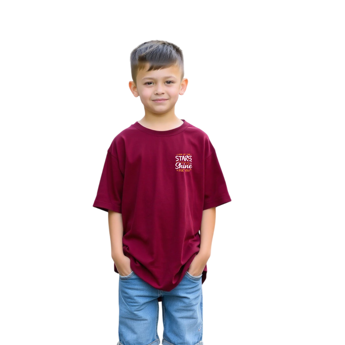 Boys’ Oversized Printed Cotton Tee (Maroon)
