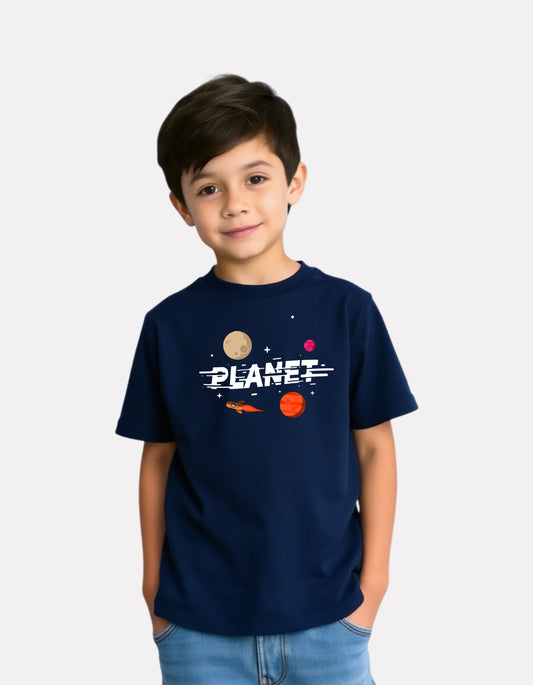 Printed Navy Blue Cotton T-Shirt for Boys