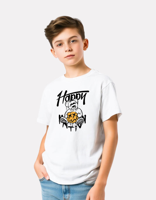 Junior Boy Printed White Casual Cotton T-Shirt