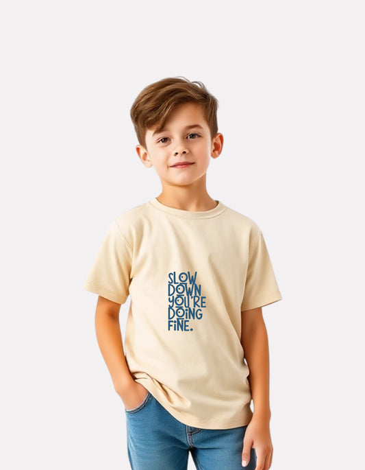 Junior Boys Printed Cotton T-Shirt(Beige Color)