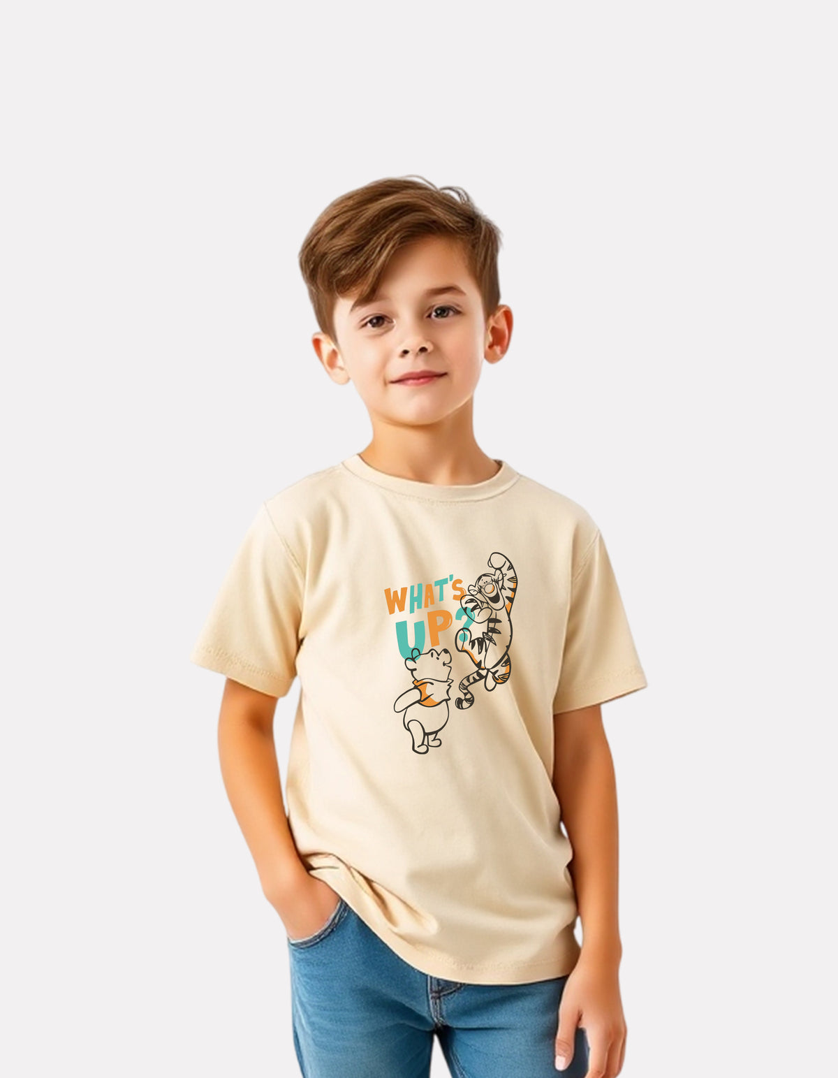 Junior Boys Printed Cotton T-Shirt(Beige Color)