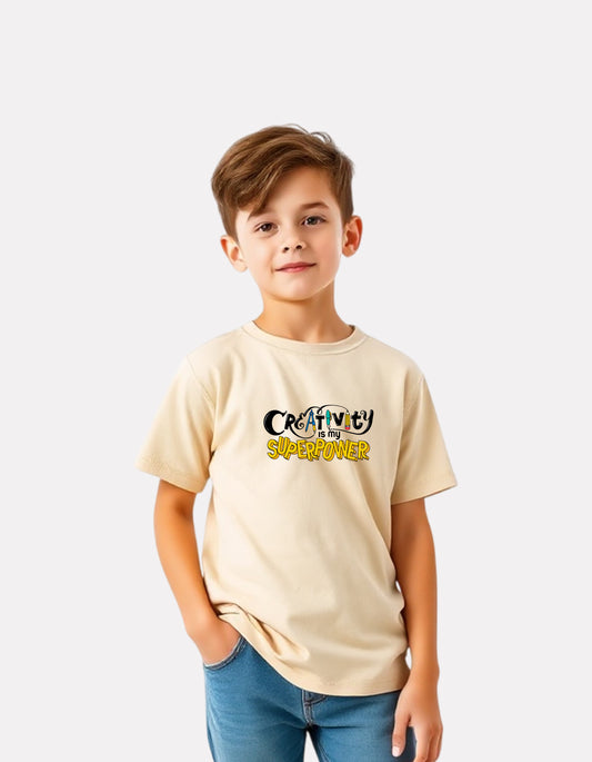 Junior Boys Printed Cotton T-Shirt(Beige Color)