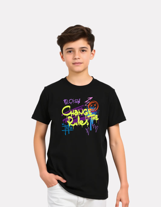 Printed Regular Fit Black Cotton Boys T-Shirt