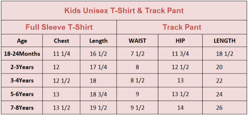 Size Chart for Kids Full Sleeve T-Shirt & Track Pant Set