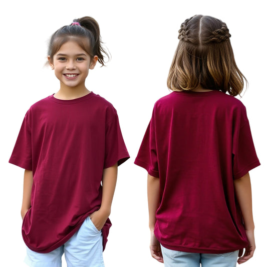 Girls’ Oversized Plain Cotton Tee (Maroon)